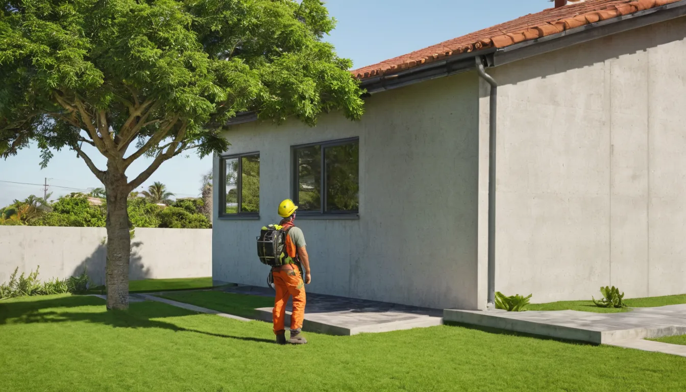 A tree service provider inspecting a large tree beside a home in Fort Meade