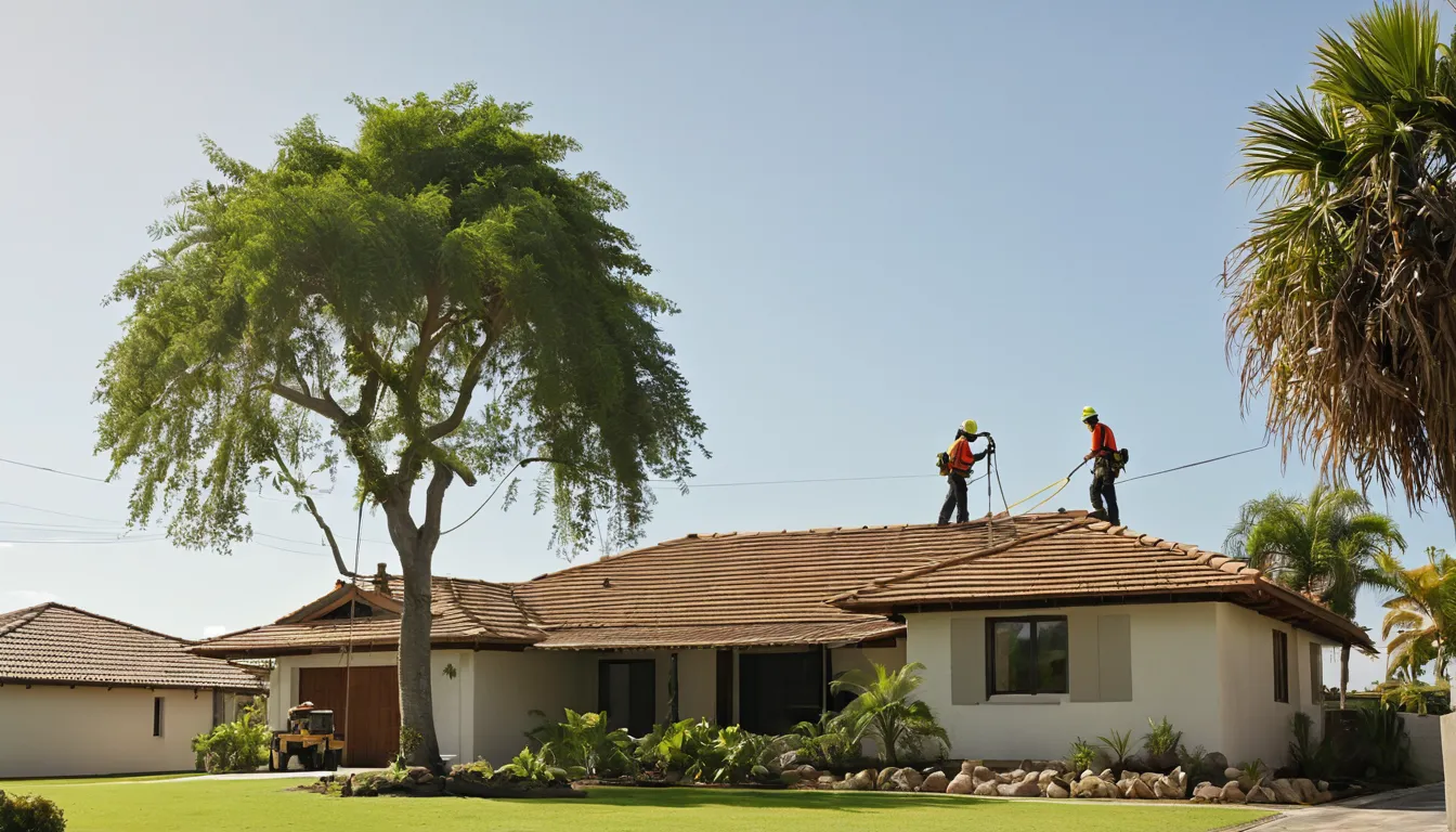 A local tree removal provider safely taking down a large tree beside a single-story home in Fort Meade